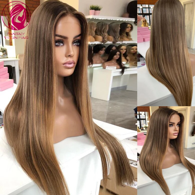 

Silky Straight Full Lace Wigs Human Hair Lace Frontal Wig Light Brown Honey Blonde Highlights Glueless 100% Human Hair Wig 13x6