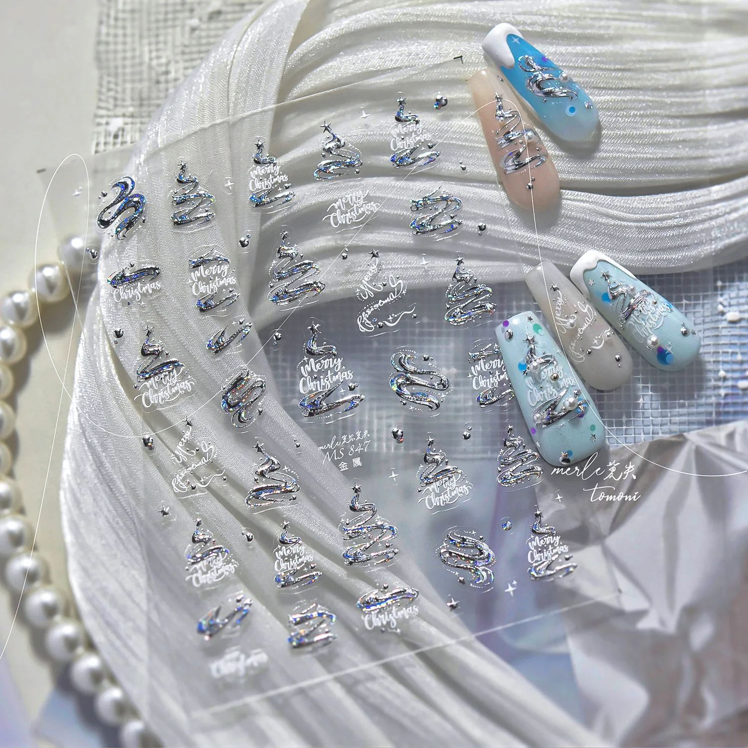 Sprankelend goud zilver lint ontwerp kerstboom sterren 3D zelfklevende nail art stickers xmas winter mooie manicure stickers