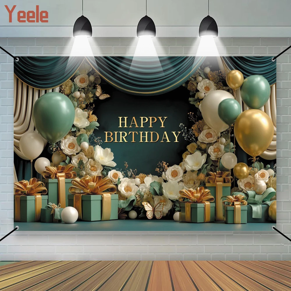 

Green Birthday Party Photography Background Floral Balloon Gift Box for Celebrate Birthday Cake Table Decor Photocall Backdrop