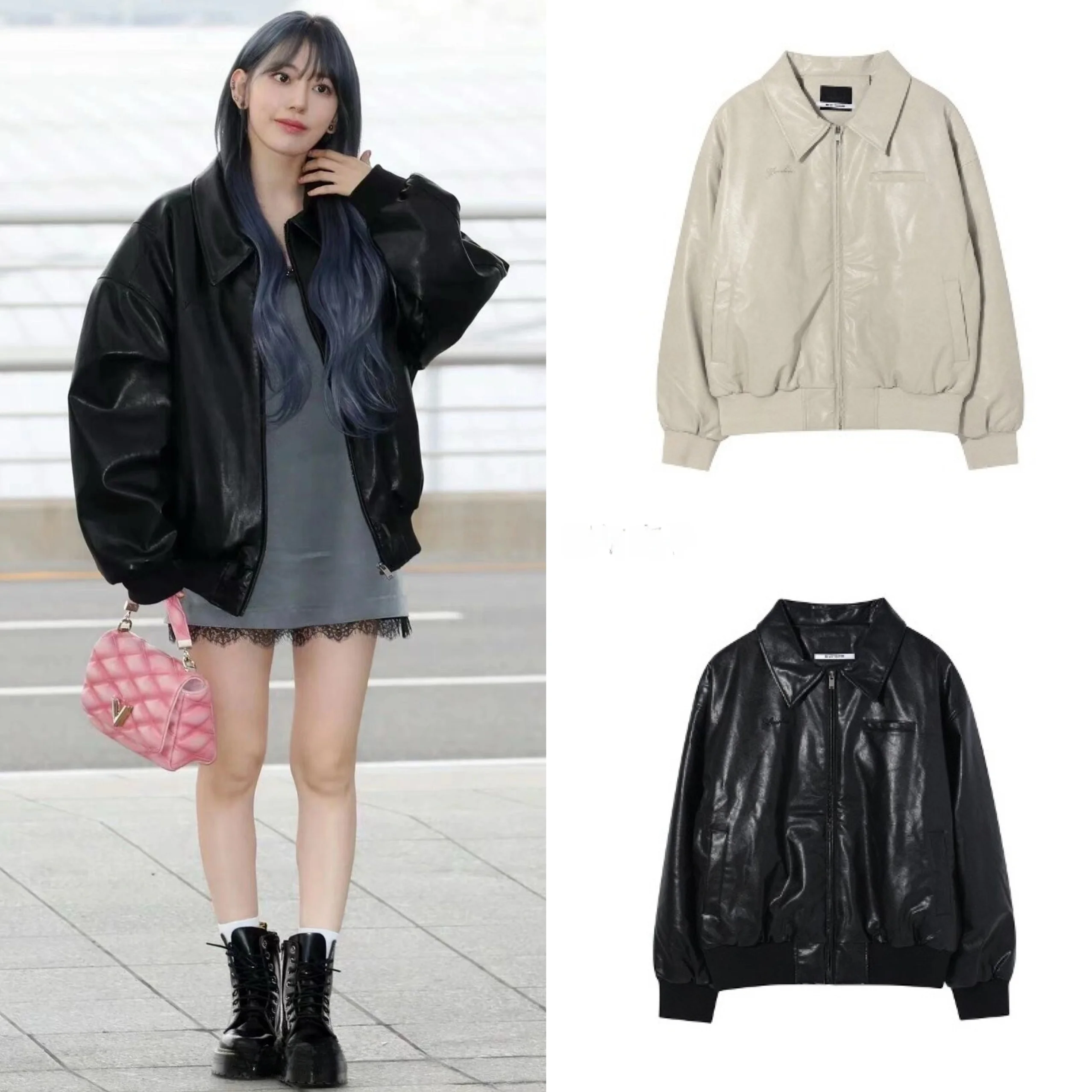 

Loose Fit Embroidered Collar PU Leather Jaet Outerwear New Arrival Women's Faion Spring Autumn Zipper Closure Long Sve
