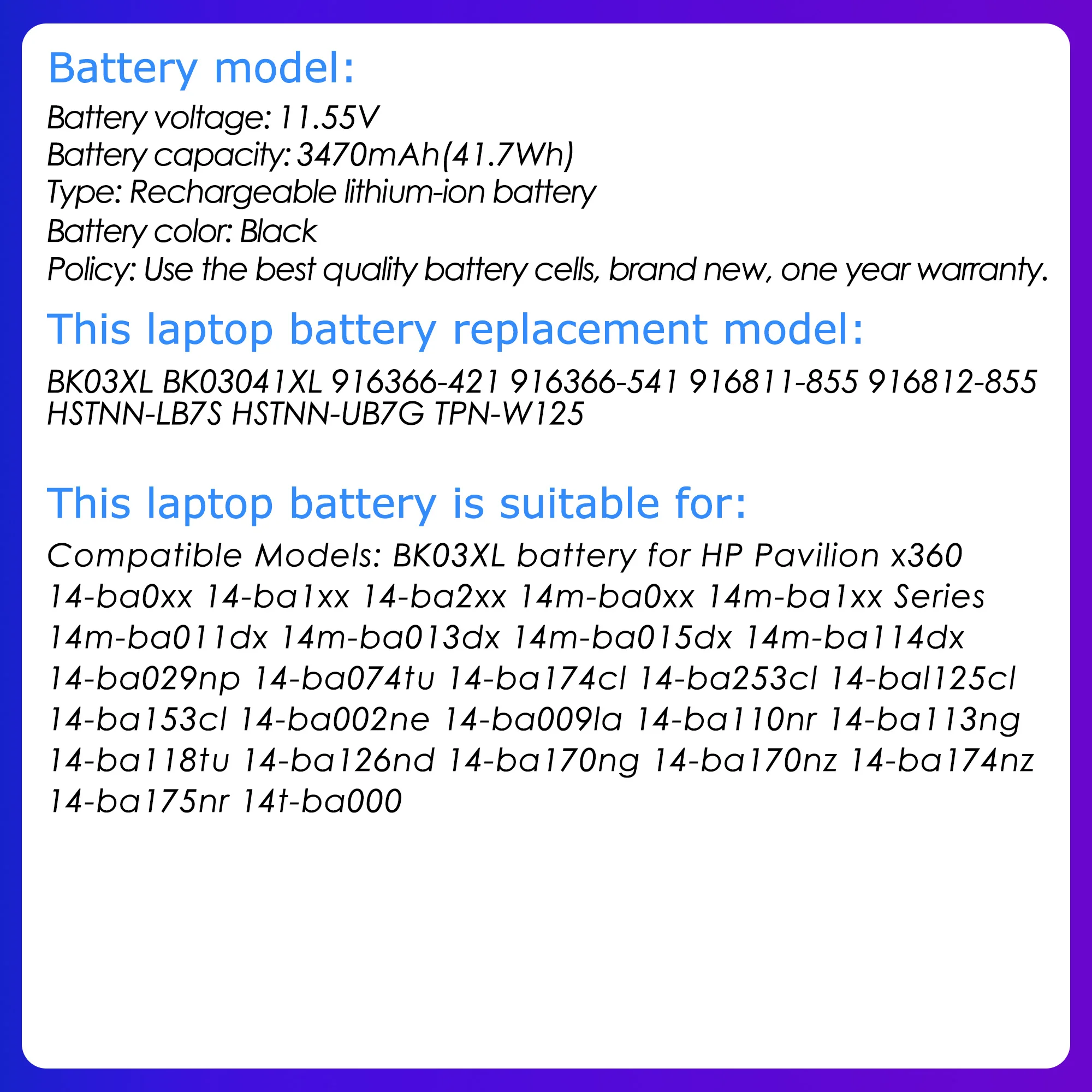 BK03XL New 7Wh Laptop Battery for HP Pavilion X360 14-BA 14-BA103TU series 14-BA008TU 14-BA159TX 3470mah - Image 4