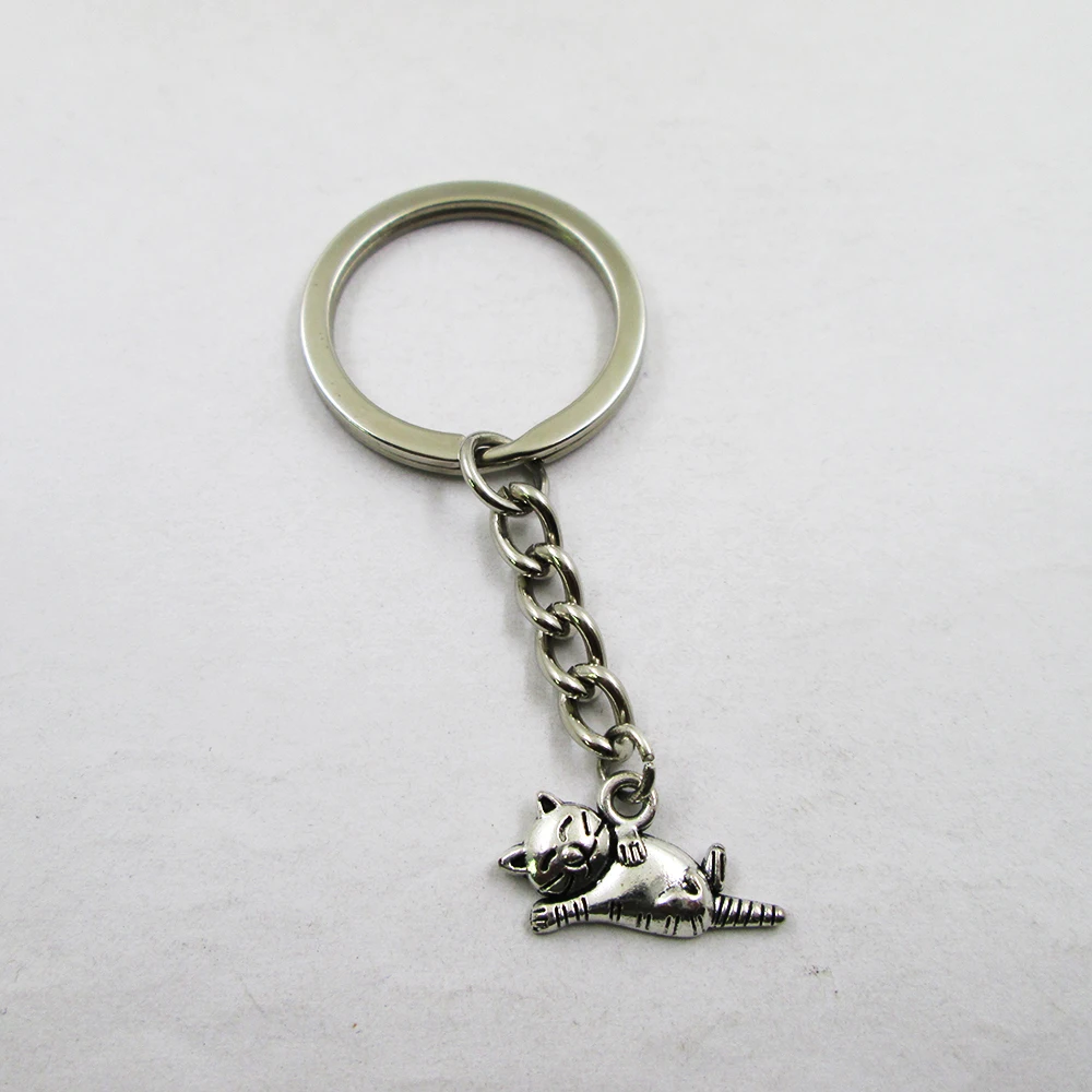 3pcs/lot Antique Silver Lazy Cats 11x20mm Charm Keyring Best frined,birthday  Present ,pendant Keychain