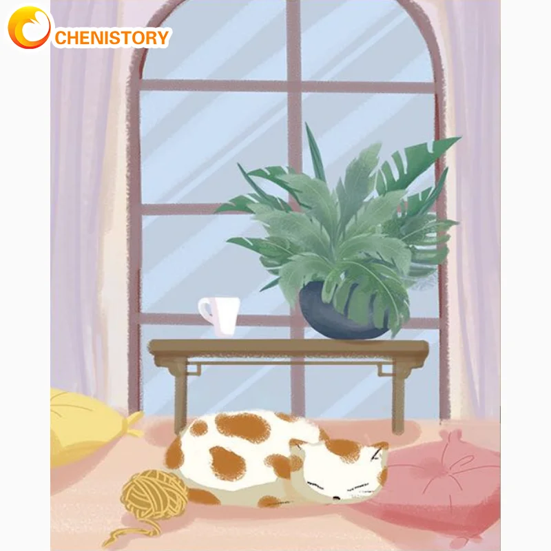 

CHENISTORY Acrylic Painting By Numbers Frame Cat Beside Windows Drawing On Number For Adults Artwork Gift Handmade Simple Style