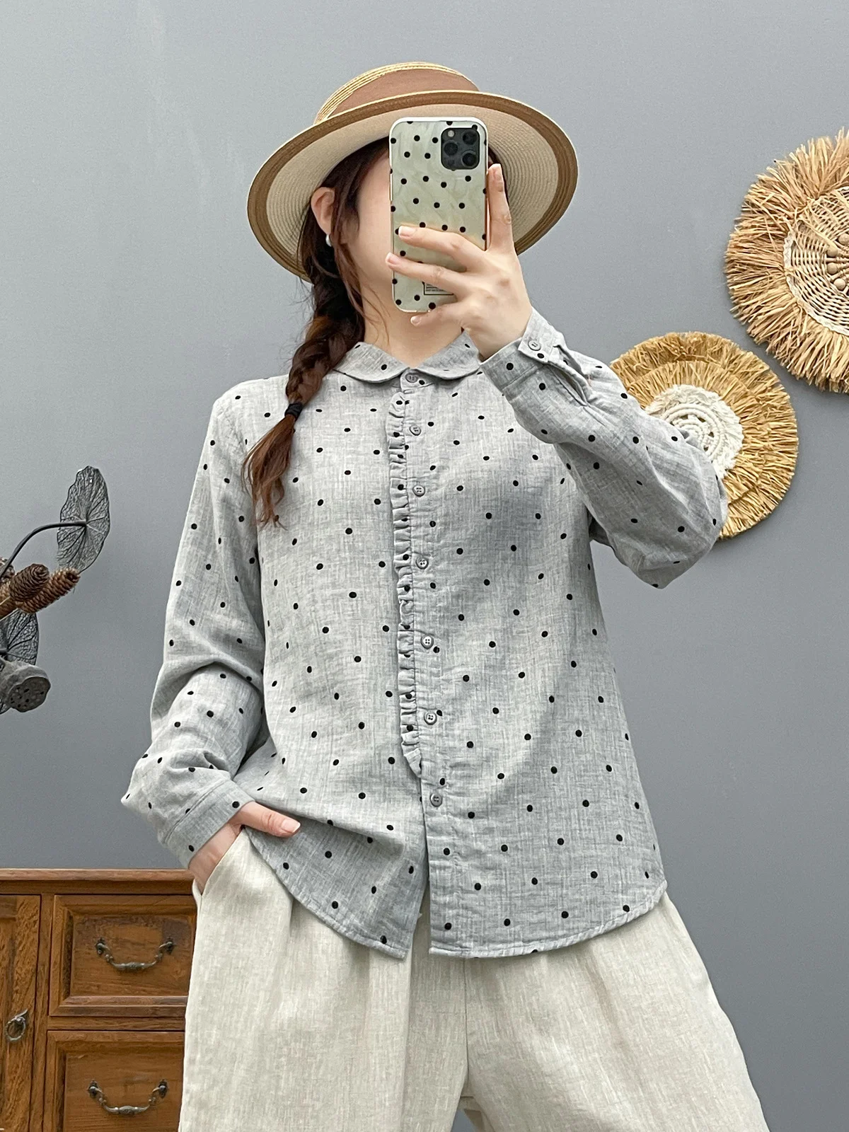 قميص نسائي عتيق باللون الأخضر منقط للخريف والربيع من غزل القطن باللون الأبيض والأحمر والأخضر والوردي بلوزات بأكمام طويلة للسيدات #1