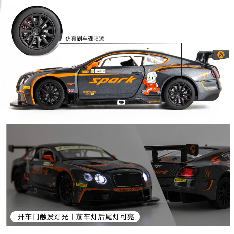 Modèle de voiture Bentley Continental GT3 en alliage moulé sous pression et véhicules jouets, son et lumière, dos côtelé, cadeaux pour enfants, 1:24