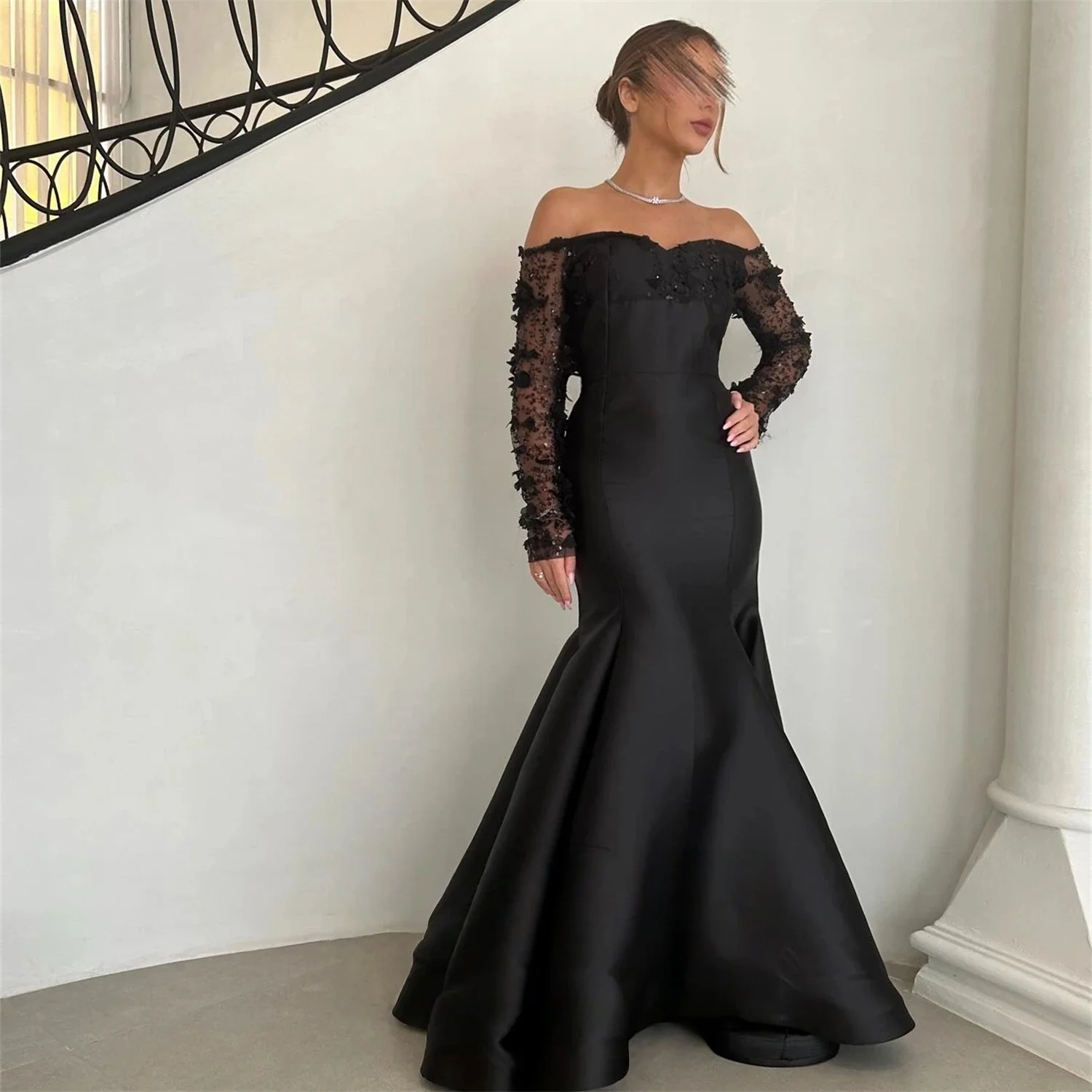 

Черное платье с длинными рукавами и цветочным принтом на заказ Вечерние платья для выпускного вечера Pastrol унисекс Джерси Ретро Дубай Саудовская Аравия по индивидуальному заказу