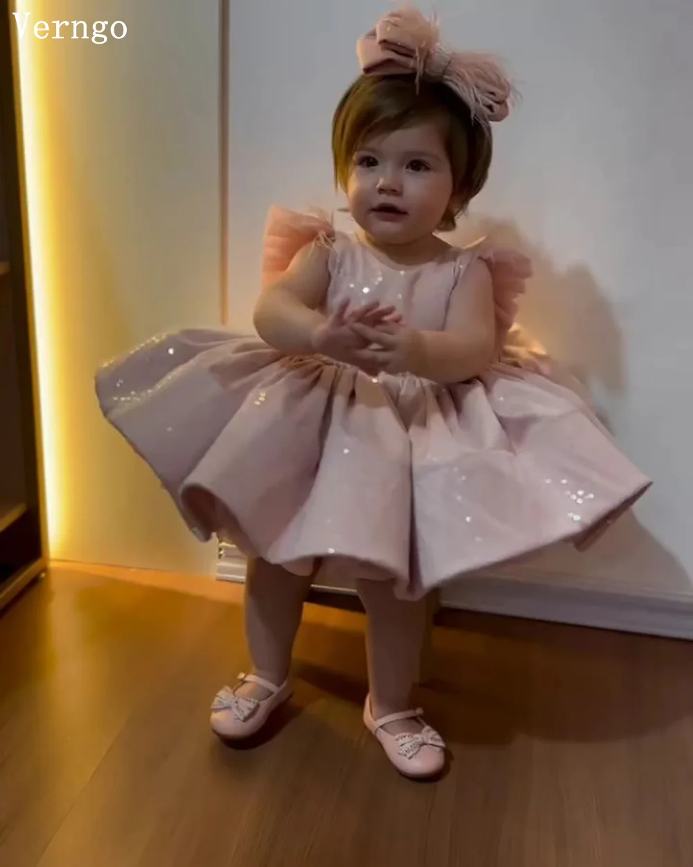 Verngo Pink Shiny Baby Girl Flowers Dress O Neck Short Sleeves Ball Gown Birthday Dress Bow Qute Kids Customized
