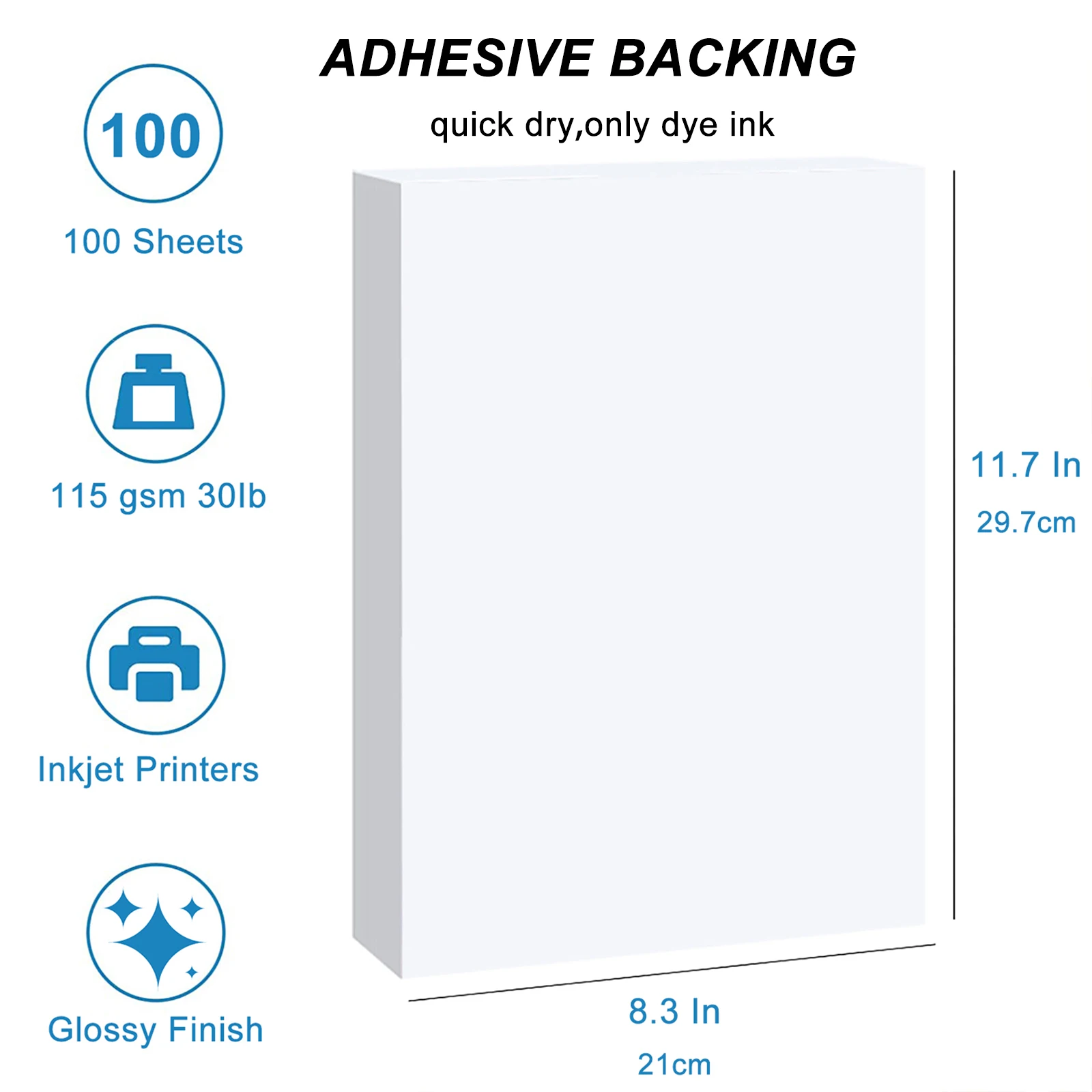 A4 115 GSM 100 Sheets Printable Glossy Sticker Photo Paper 8.3 x 11.7" Full Sheet Inkjet Self Adhesive Photo Paper