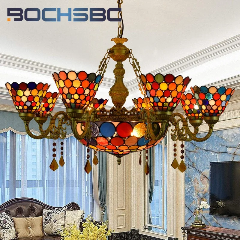 BOCHSBC Tiffany style stained glass vintage red colorful multi-head crystal Pendant lamp Living Room Restaurant Hotel LED decor