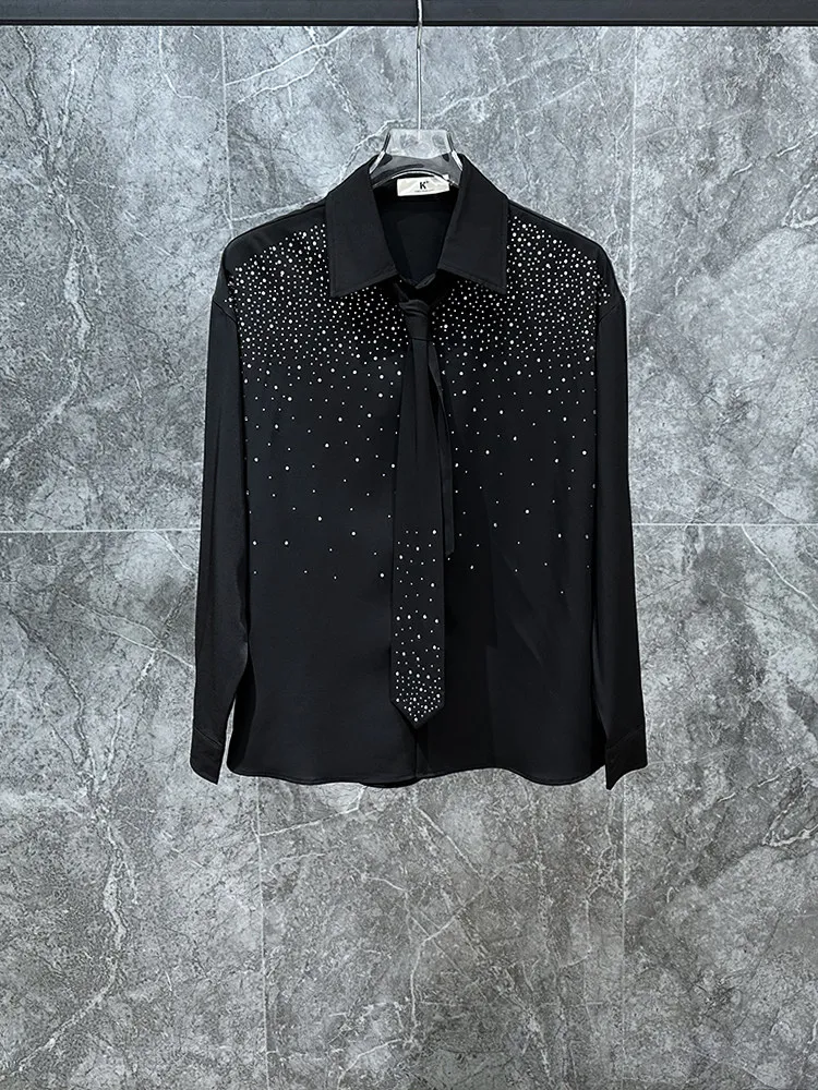 Rhinestone Tie Shirt for Men Korean Fashion Long Sleeved Casual Shirts Trendy Nightclub Banquet Party Dance Performance Clothing
