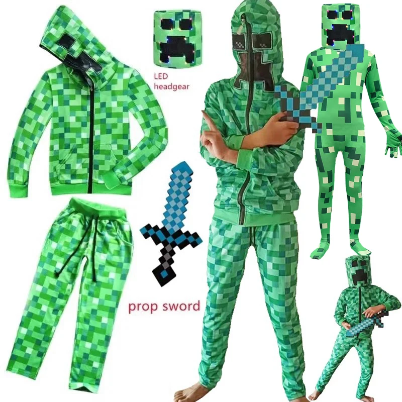 Costume de Cosplay monstre vert d'halloween pour enfants, vêtements amusants, fête d'anniversaire pour garçons, ensemble de jeux c-creeper, couvre-chef