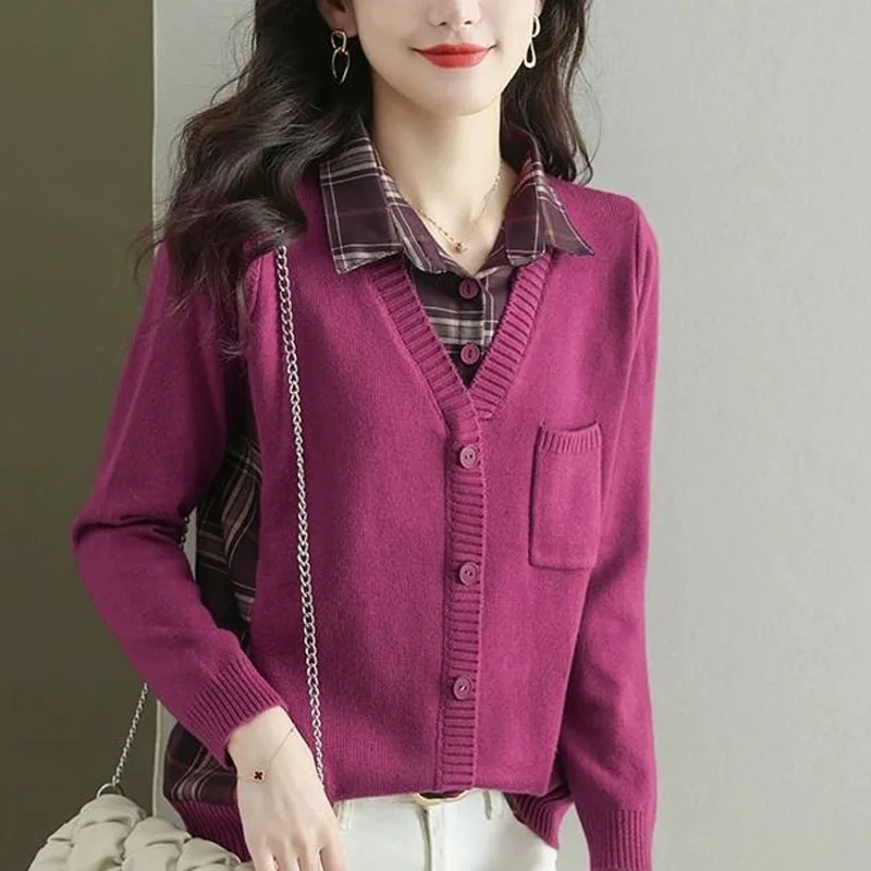 New Autumn Fashion Splice Loose Fit falso colletto della camicia a due pezzi lavorato a maglia Versatile stile occidentale maglione capispalla a etร