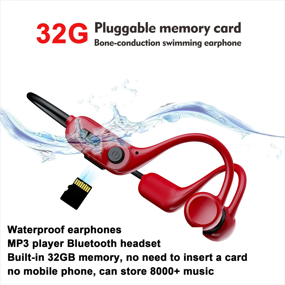 New waterproof Mp3 32G TF card bone conduction bluetooth headphone pluggable SD card iPX8 swimming diving player For mi iPhone