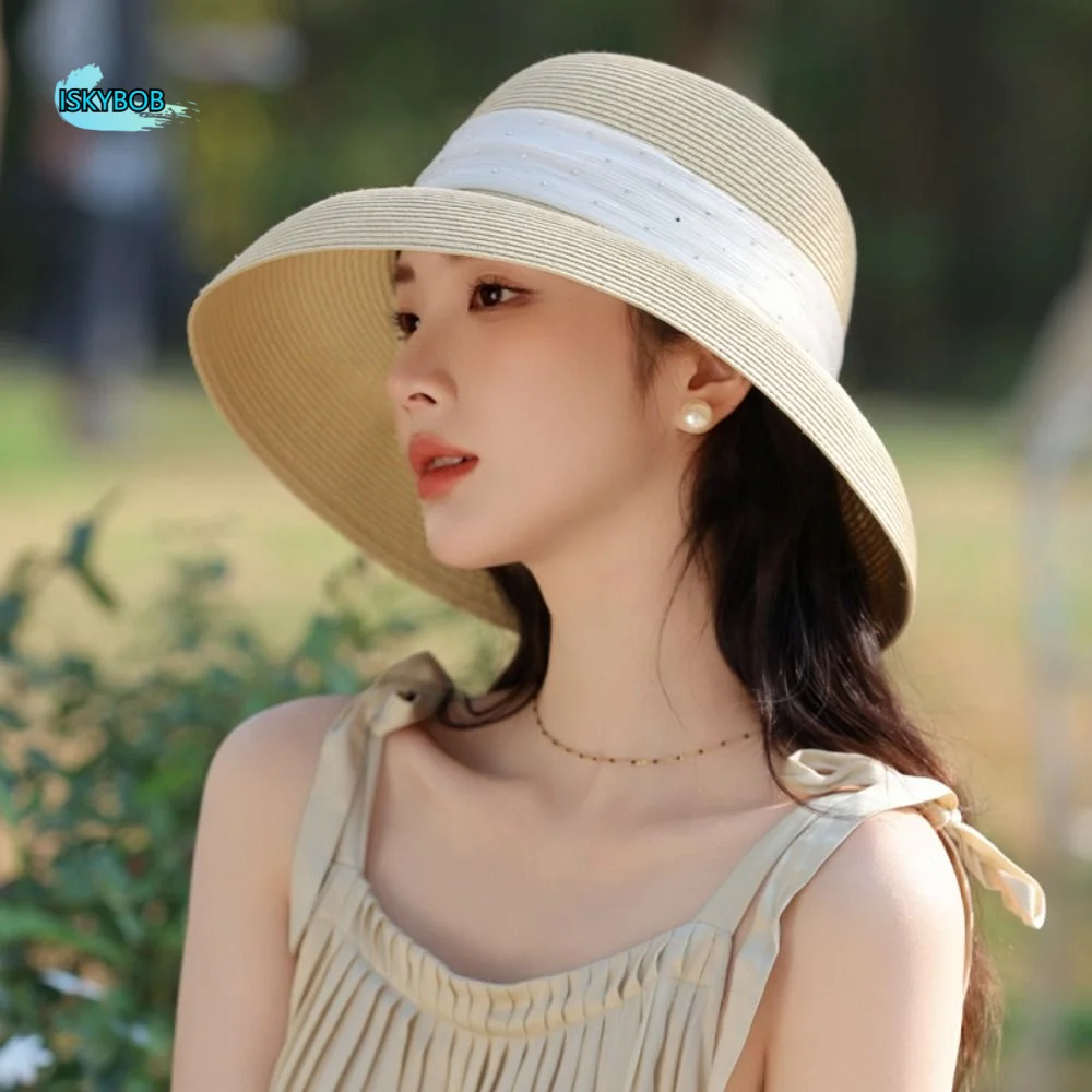 

Elegant Boho Lafite Straw Hat Dome Polka Dot Women's Sun Hats Breathable Visor UV Protection Cap Girls