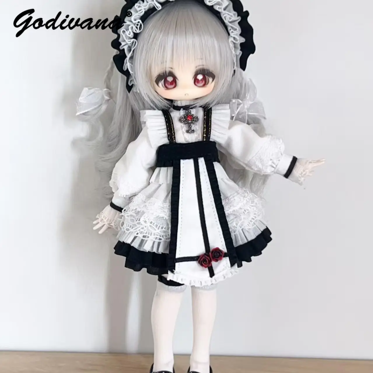 BJD Doll Outfit Black White Gothic Maid Lolita Dress Vintage Lace Ruffled Trim Puff Sleeve Rose Decor Clothes for 1/4 BJD Doll view 4