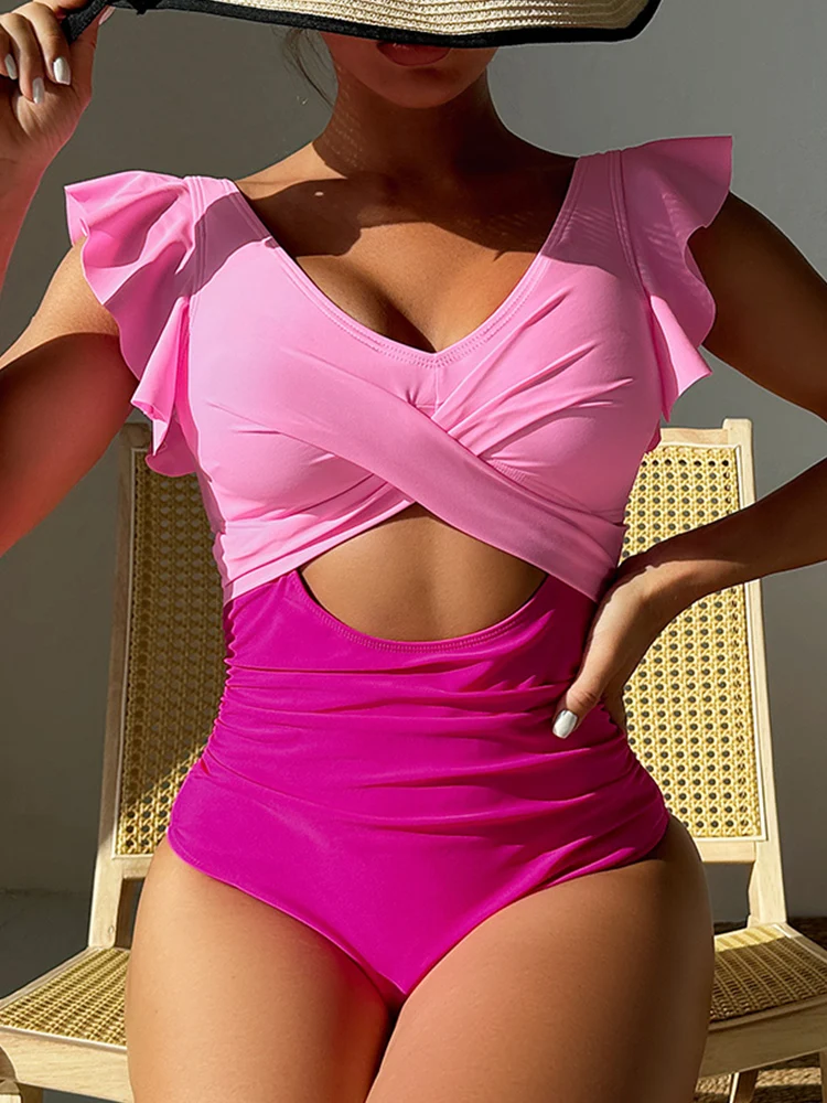 

Women's Swimsuit 2025 New One Piece V Neck Hollow Out Swimwear Sexy Monokini Bodysuit Summer Beach Wear Bathing Suit Fot Female