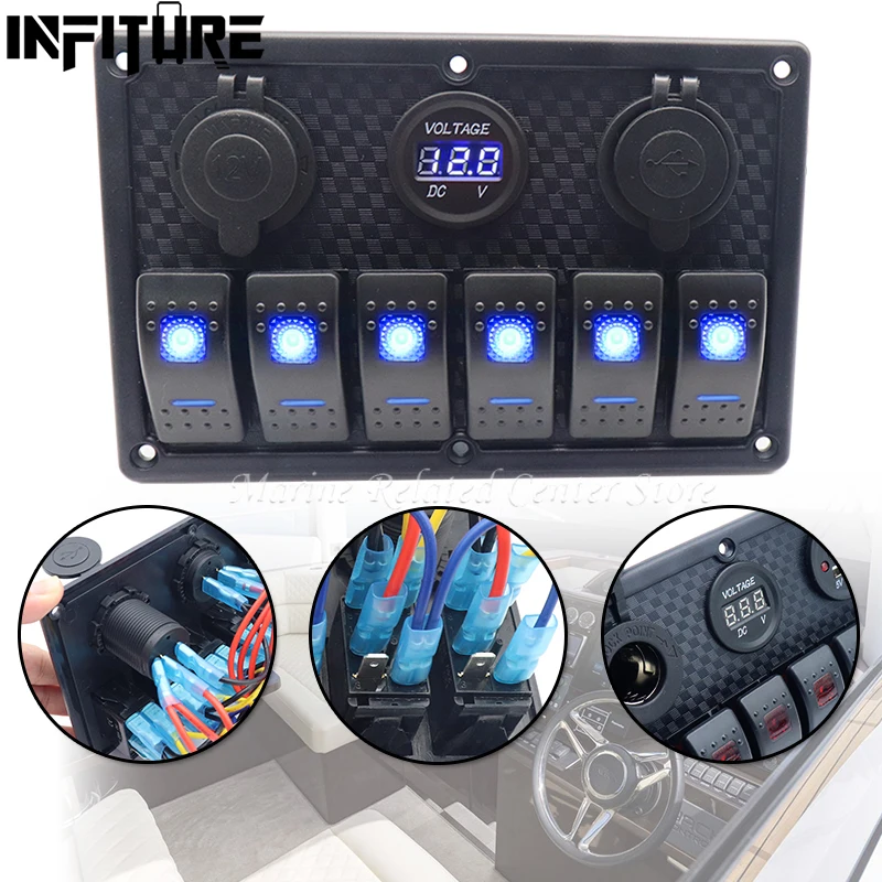 24V 12V 6 Buttons Switch Panel with Digital Voltmeter Tester USB Chargers 3.0 Light Toggle Car Power Adapter Marine Boat Caravan
