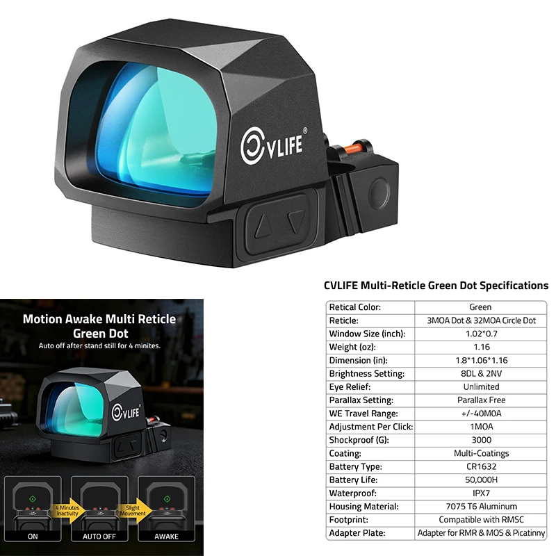 CVLIFE Green Dot Compatible with RMS/RMSC 3MOA Dot & 32MOA Circle Optic Motion Awake with Adapter Plate for MOS/Picatinny