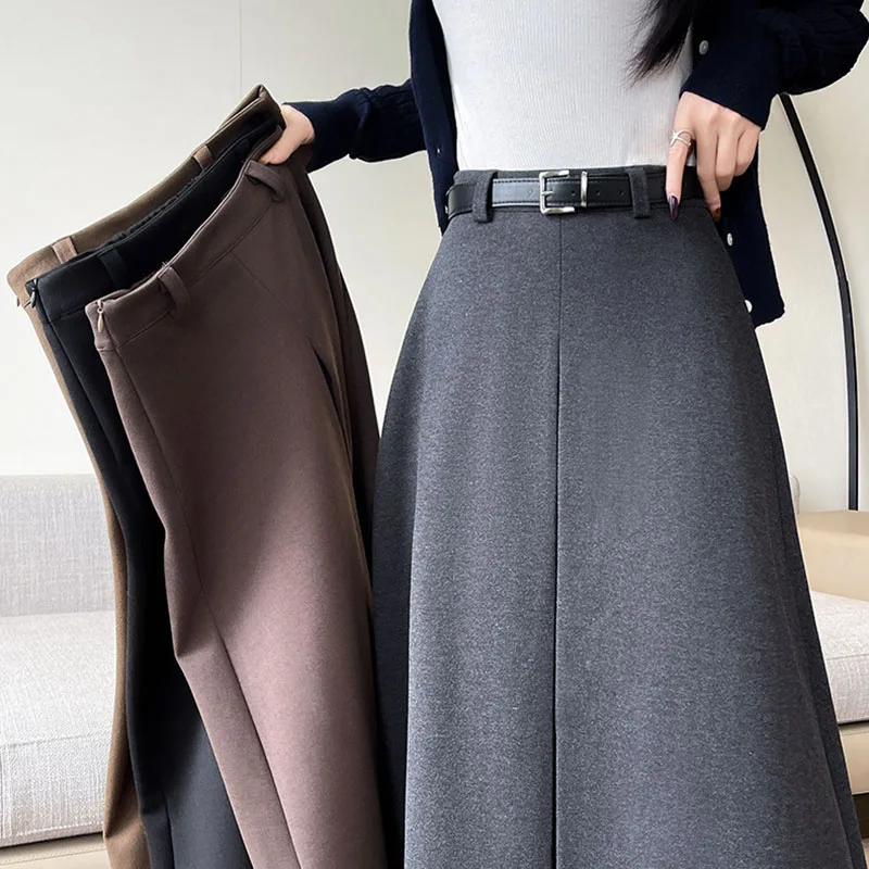 Long Skirt for Women Fashion with Belt Pleated High Waisted A-line Skirts Ladies Autumn Winter New Thicken Woolen Maxi Skirts