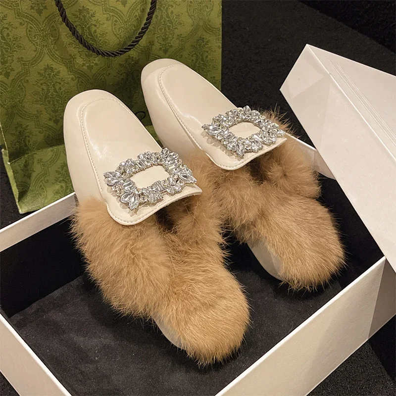 Fur Warm Mules Shoes Women Chunky Slippers Crystal Luxury Casual Flip Flops 2024 Fashion New Autumn Plush Walking Zapatos Mujer