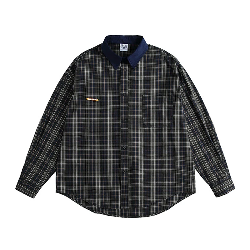 

2025 Spring Men's Splice Collar Loose Casual Streetwear Fashion Oversize Long Sleeve Plaid Shirt Cityboy Blouse Man Clothing