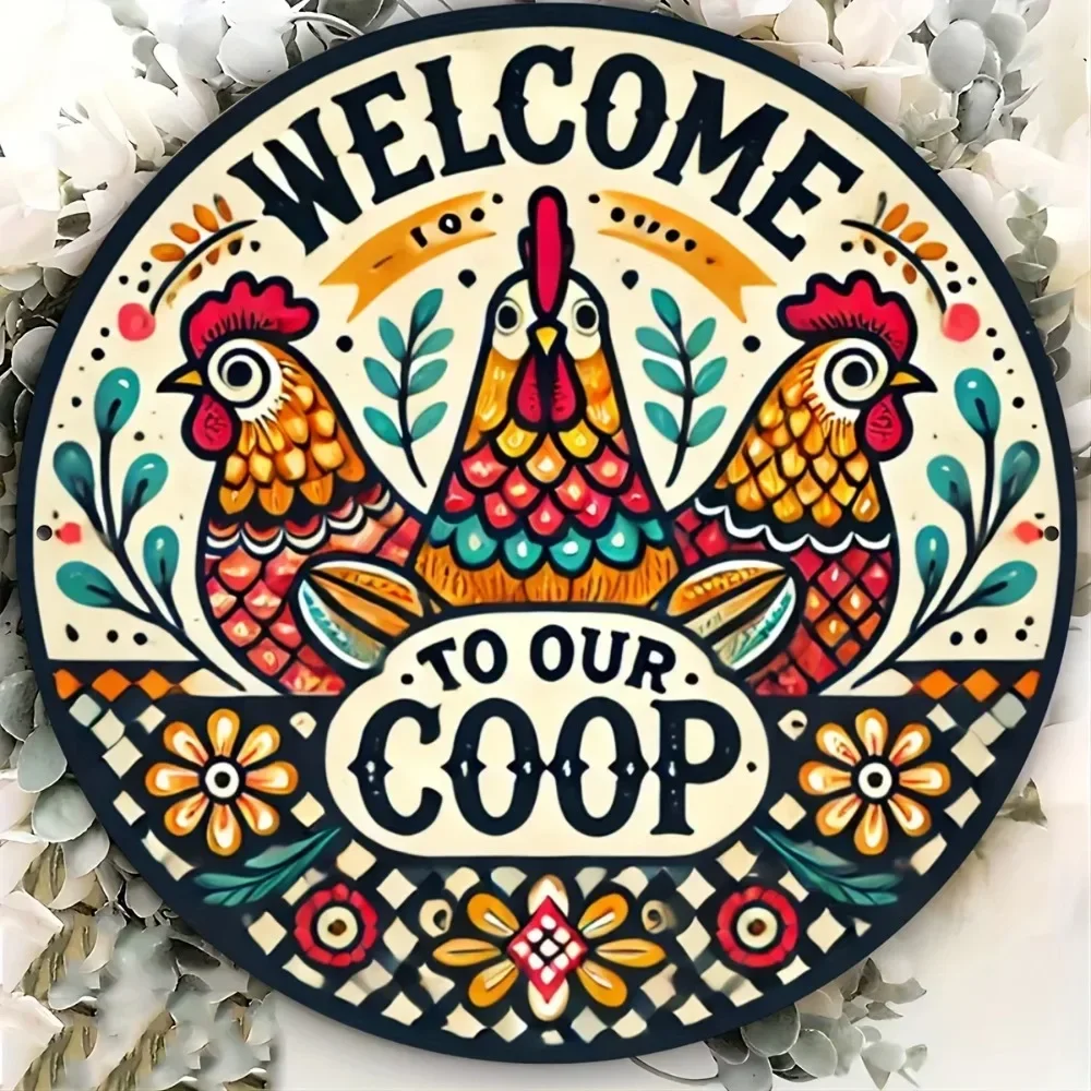 YOURBRAND Waterproof Vintage Chicken Coop Sign - 8" Round Colorful Rooster "Welcome to Our Coop" Iron Wall Decor view 3