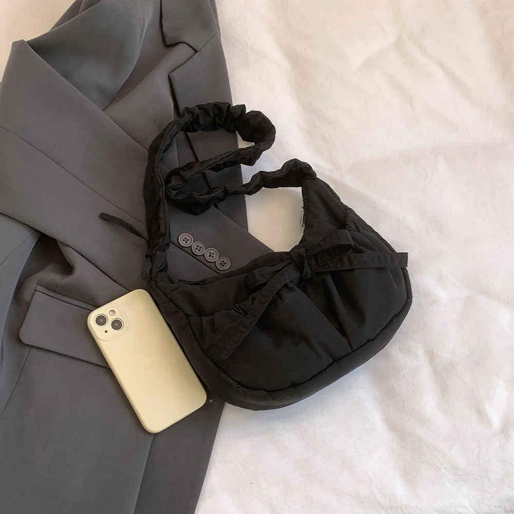 

Women Simple Crossbody Bag with Ruched Drawstring Strap Bow Casual Underarm Bag Solid Color Cute Sling Bag Ladies Outdoor Bag