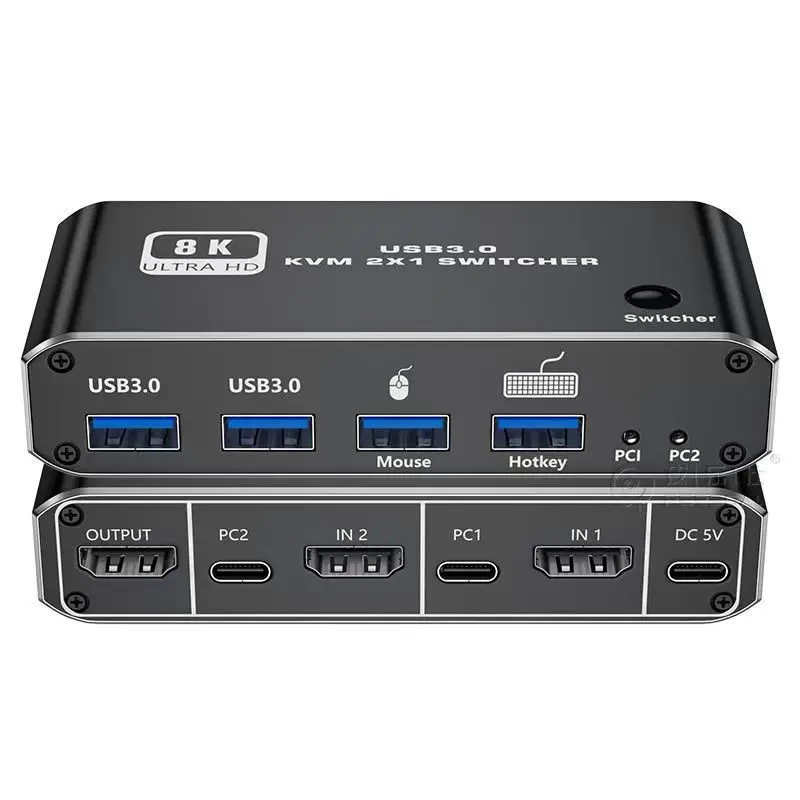 8K 2.1 KVM Switcher, 2 IN 1 Out, 2 USB 3.0 Ports for 1 Monitor 2 Computers, 8K@60Hz, 2X1 Switcher with Hotkey