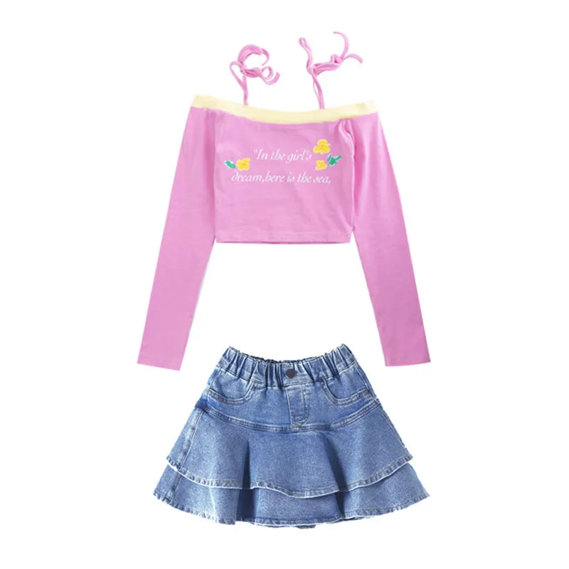 Kid Kpop Hip Hop Clothing Pink Boat Neck Crop T Shirt Denim Blue Layer Skirt Ripped Jeans Pants for Girls Dance Costumes Clothes view 6