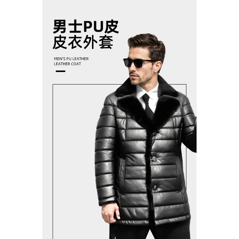 

Winter Genuine Mink Hair PU Leather Coat for Men-stylish Warm Short-sleeved Padded Thick-collar Leather Coat Suit-style Collar