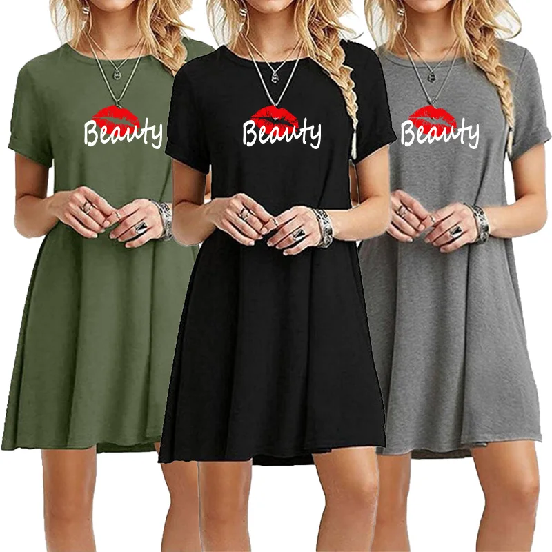 

Women's mini skirt summer casual countryside style beach dress solid color round neck short sleeved party A-line skirt