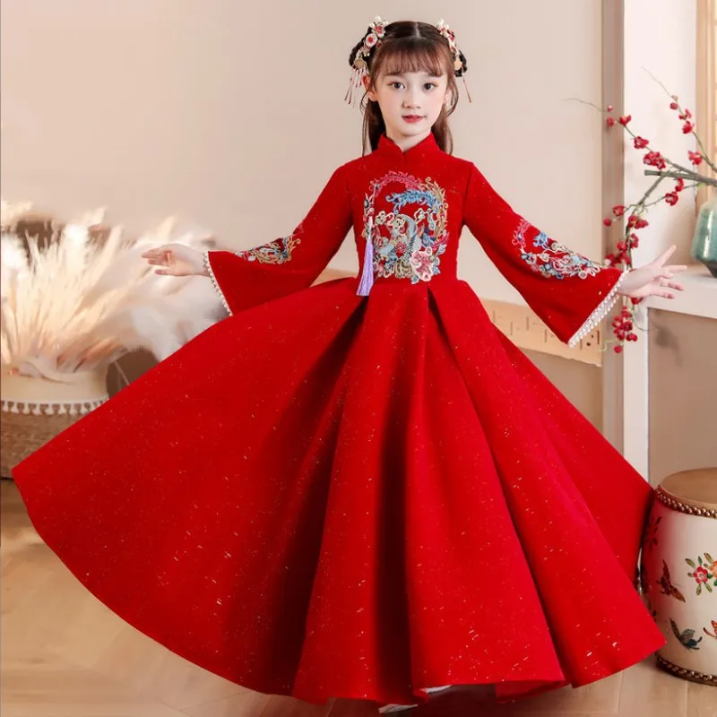 Red Chinese New Year Costumes Vintage Embroidery Long Cheongsam Dresses Party Wedding Dance Frocks 110-160 Girls Hanfu Dress