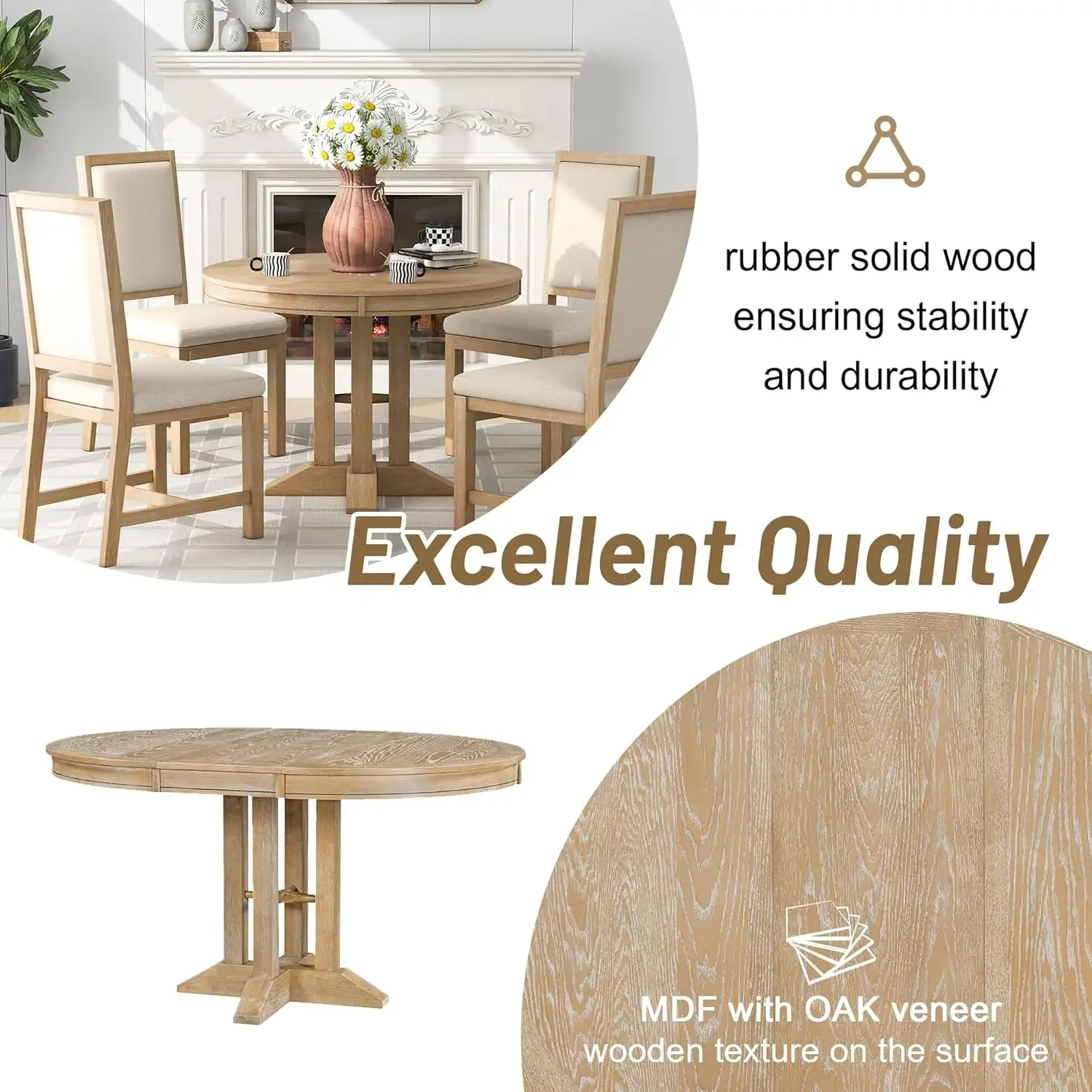 Mesa de comedor extensible redonda de madera de granja con hoja de 14 pulgadas para 4-6 personas, muebles funcionales de 42 ''-56'' para cocina |