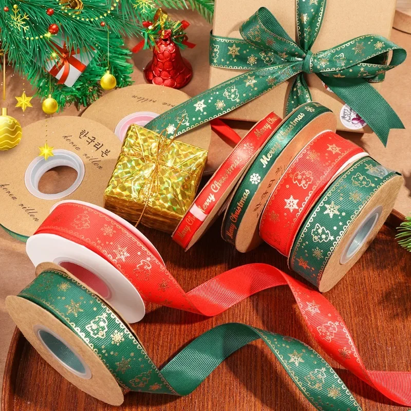 Christmas Ribbon Printed Red Green Polyester Ribbons Handmade Supplies for New Year Party DIY Gift Bag Box Packing Bouquet Decor