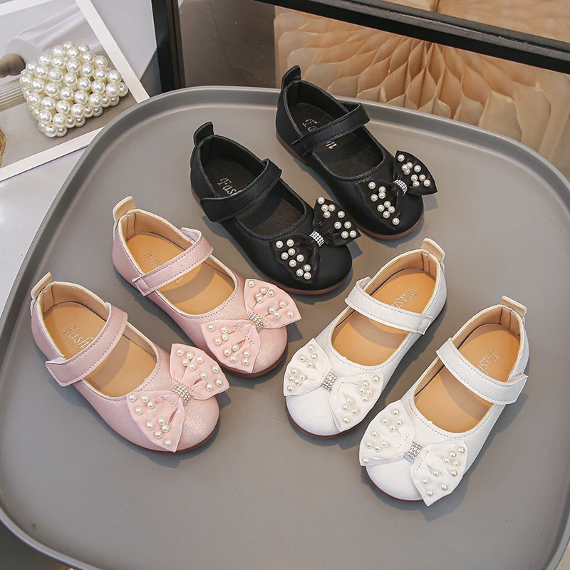 

Girls Flat Shoes with Sweet Bows Elegant for Kids Leather Shoes Round Toes 2025 Autumn New Children Princess Shoes Soft Bottom