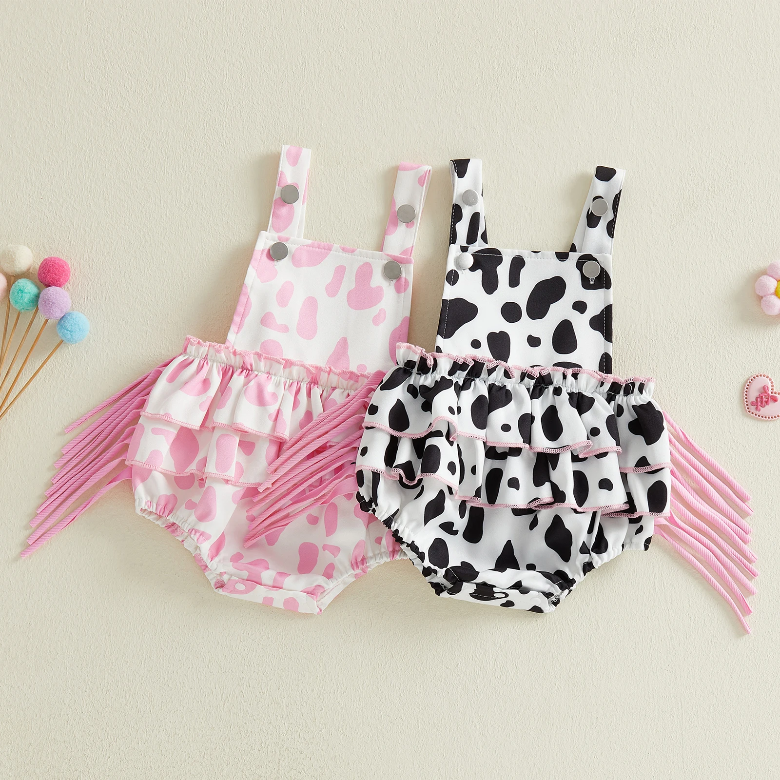Tregren 0-18M Infant Newborn Baby Girl Overalls, Sleeveless Cow Pattern Tassels Romper Summer Bodysuit for Casual Daily