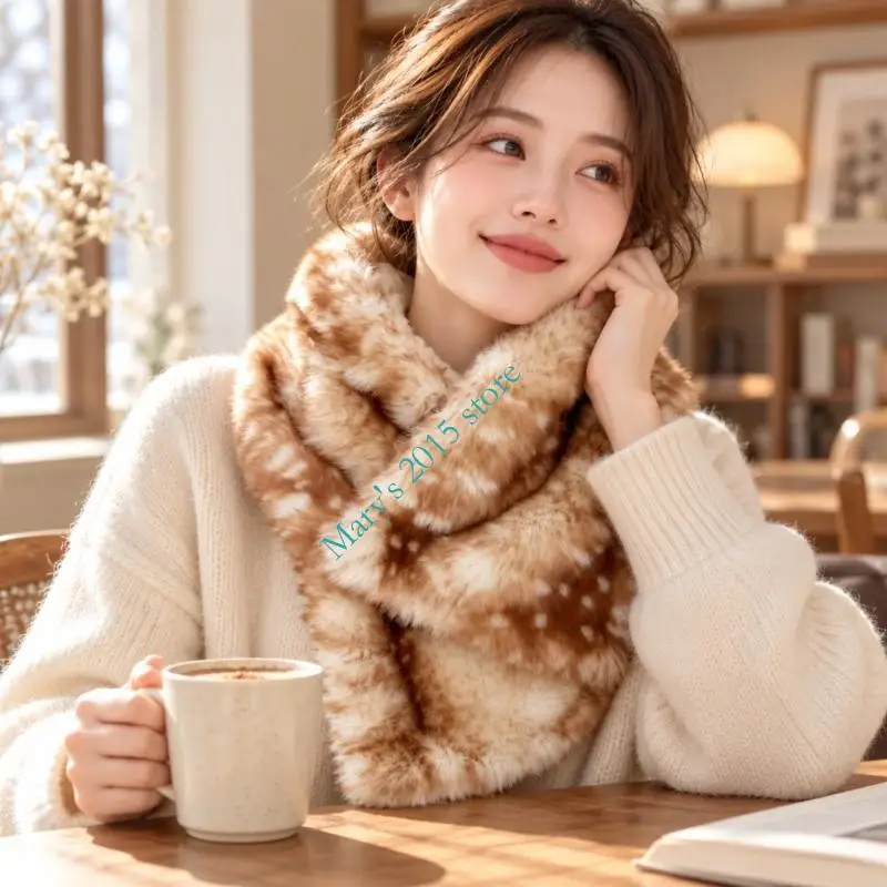 Women Furry Plush Deer-Pattern Neck Scarf with Concealed Closure for Quick No-Tie Fall and Winter Neck Coverage