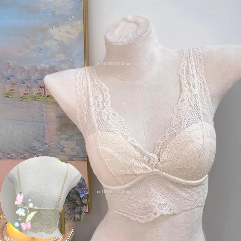 Sujetador de encaje blanco, ropa interior Sexy de encaje francés para mujer, sin anillo de acero, ropa interior recogida, Top a juego, Нижнее Белье 2025