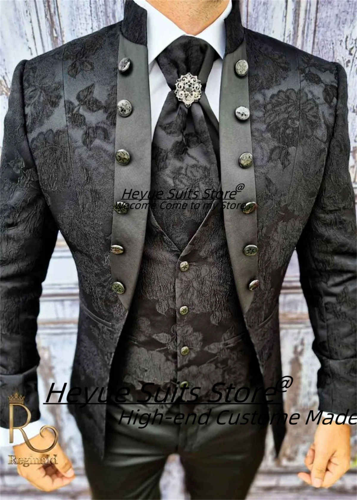 Elegant Jacquard Fashion Men Suits Customized Slim Fit Stand Collar Groom Wedding Tuxedos3Pcs Sets Male Prom Blazers Ropa Hombre
