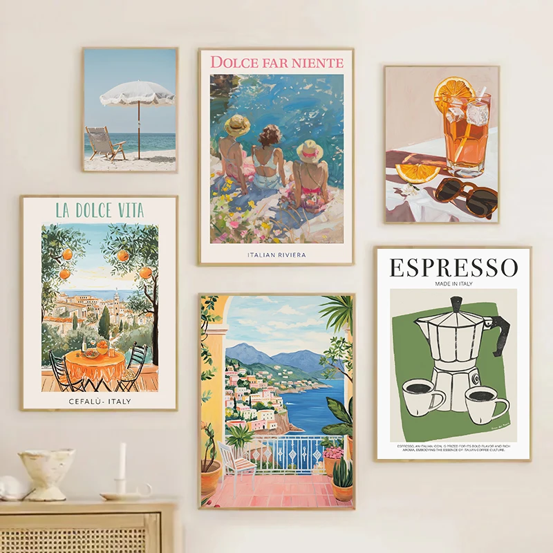 Vintage Italy Travel Food Spaghetti Coffee Mediterranean Coast Landscape Poster Canvas Painting Wall Picture Home Kitchen Decor
