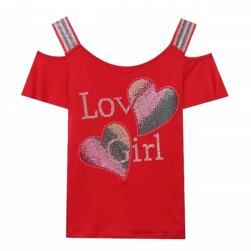 Camisetas de diamantes de corazón de amor brillante personalizadas de alta gama, Tops de manga corta con hombros descubiertos, ropa de calle Sexy,