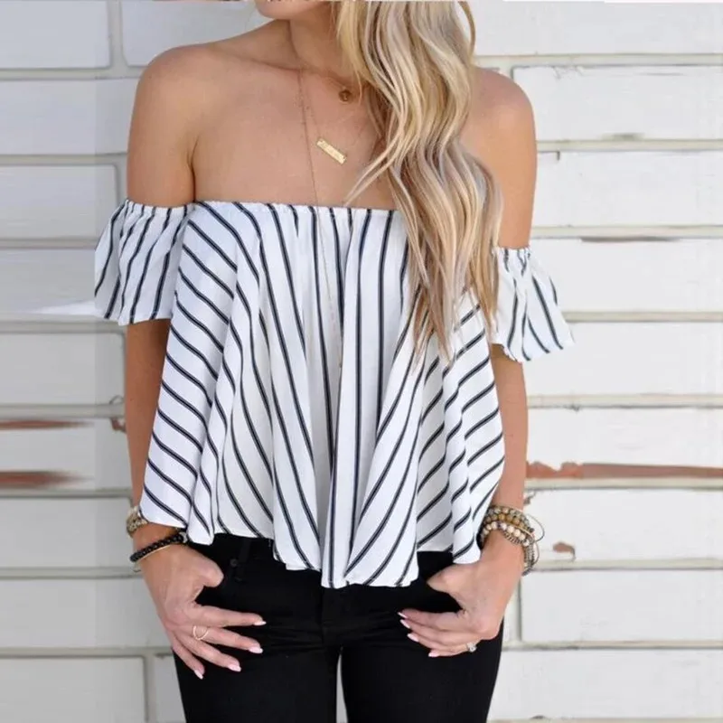 

Fashion Women Blouse Chiffon Short Sleeve Striped Tops Backless Off Shoulder Shirt Ladies Girls Loose Casual Blouses New
