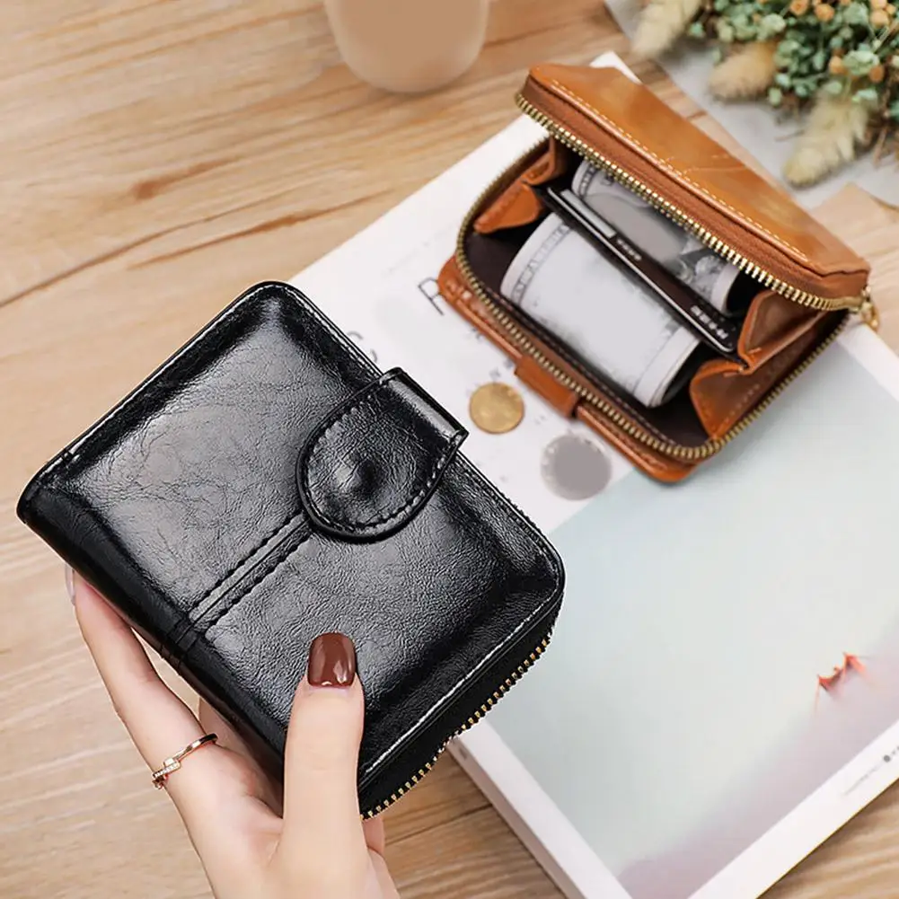 Women Short PU Leather Wallet Snap Button Zipper Purse Multi Card Slots Photo Holder Cash Pocket Ladies Small Clutch Wallet