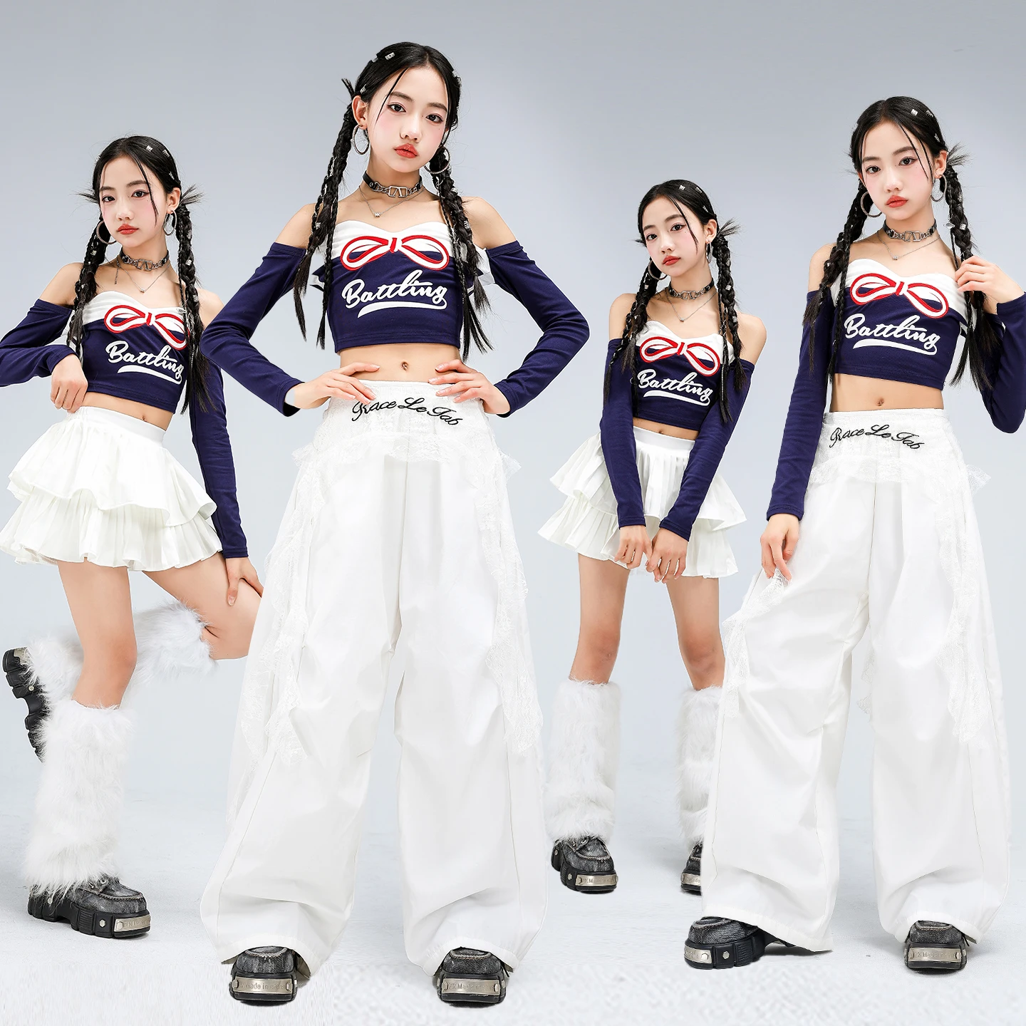 Conjuntos de Ropa para Niñas, Estilo K-pop, Top Corto con Hombros Descubiertos, Pantalones Cargo Blancos, Falda de Baile, Ropa de Hip Hop y Jazz para Niñas, Disfraz de Grupo Infantil