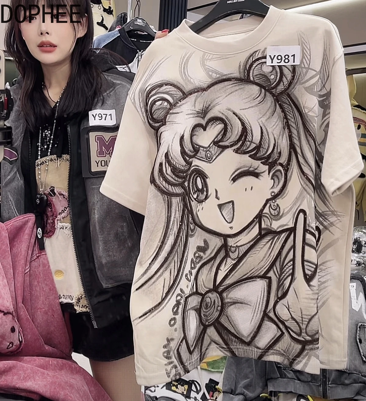 

2025 Fashion Autumn Loose Women Short Sleeve Tees Sequins Cartoon Printed Oversize Pullover Top All-match Sweet Cotton T-shirts