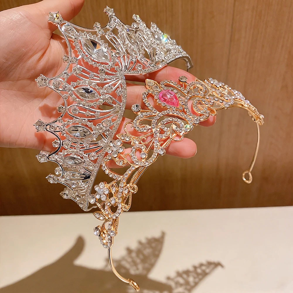 2pcs Luxury Diamond Double Crown Set Gold Silver Dual Color Hair Crown Banquet Bridal Headwear Ball Princess Style Accessories