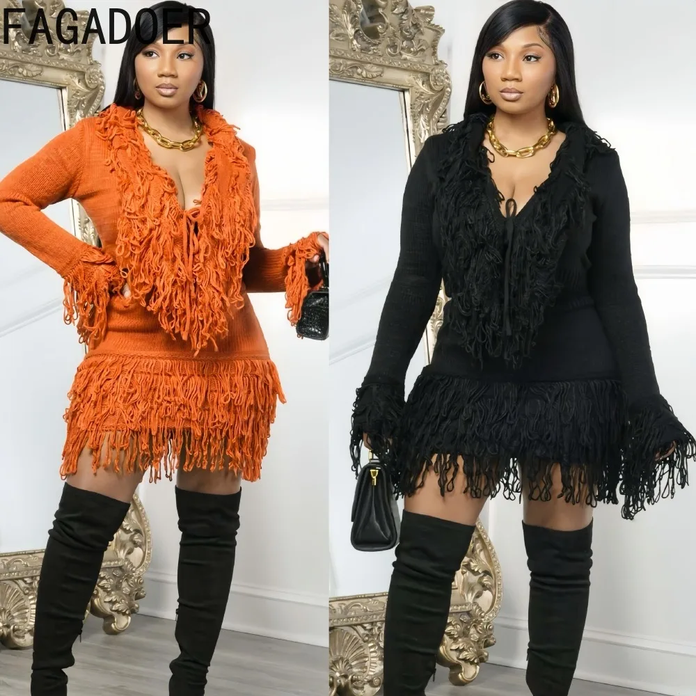 

FAGADOER Winter Casual Knit Tassel Patchwork Woman 2 Piece Set Outfit Solid Color Deep V-neck Crop Top + Skirt Female Streetwear