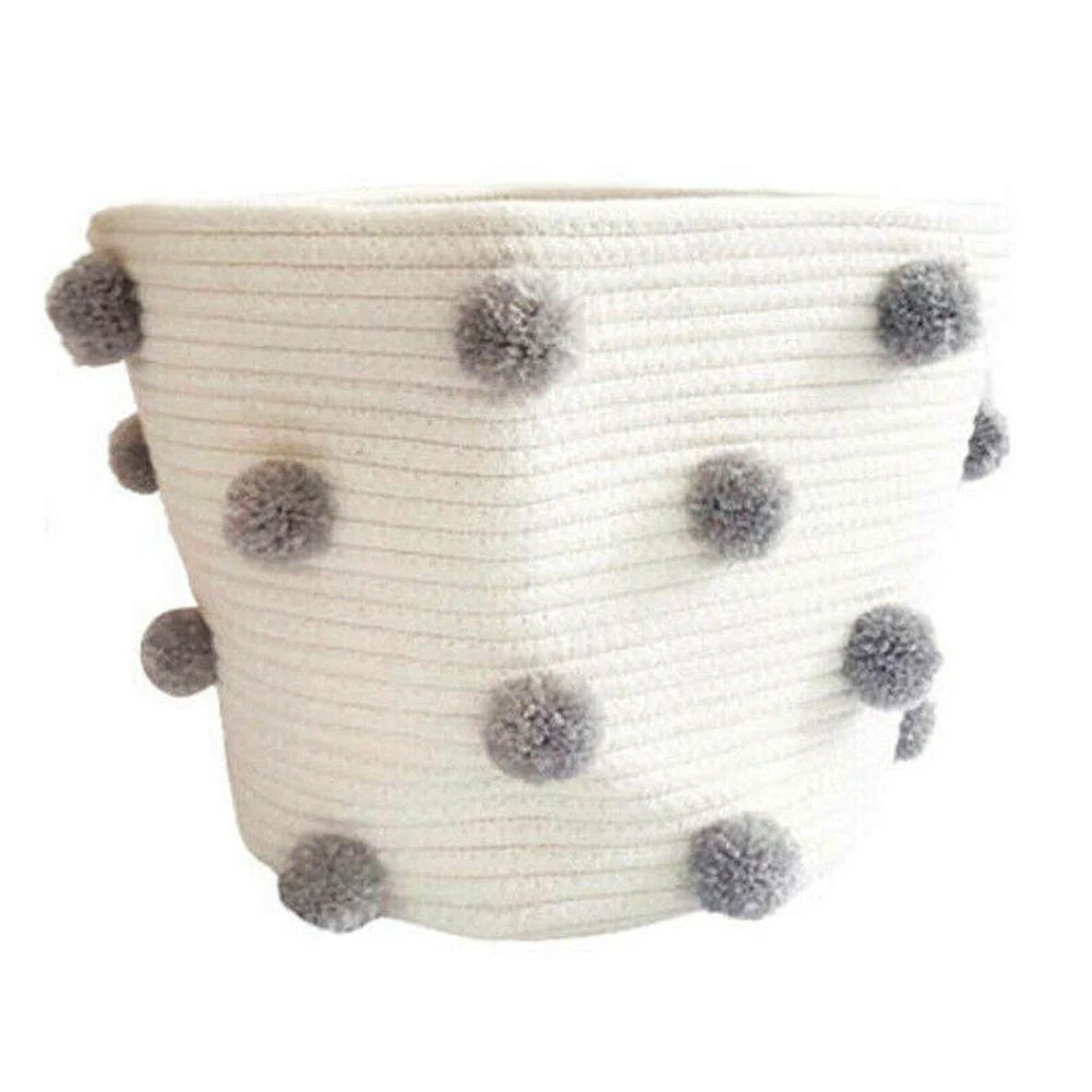 Nordic Cotton Rope Knitted Pom Decoration Laundry Basket Toy Storage Bucket For Home