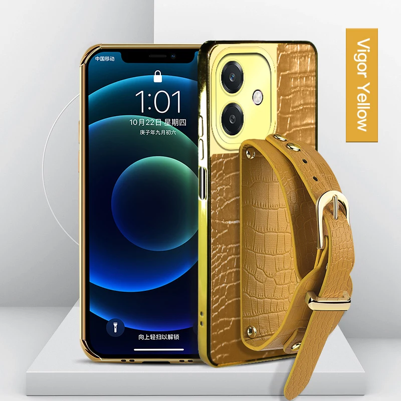악어 무늬 PU 가죽 OPPO A40m A38 A18 A5 Pro A3x 4G 5G용 손목 스트랩 스탠드 홀더 소프트 커버 케이스