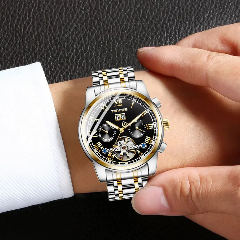 Fashion Tevise 9005 Automatic Self-wind Mechanical Men Business Full Stainless Steel Skeleton Tourbillon Night Light Male Watch